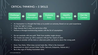 CRITICAL THINKING – 5 SKILLS
• An Assumption is a thought that help us to predict an outcome, Based on our past experience
• It may be right or wrong
• High chances that it may turn out to be a Risk
• Perform a through brainstorming session with the list of assumptions
Challenge
Assumptions
Consider
Alternatives
Evaluate
Data
Identify
Key Drivers
Get the
Context
• Do not conclude with one path. Think from another angle always
• Our brains can come up with a scenario with just few inputs of data
• Missing to consider all the data or alternate paths can lead us down the wrong path
• Know Your Data. What does normal looks like. What is the Anomaly?
• Benchmark on what’s normal (Web Traffic, Network, Endpoints, Volume etc..)
• Be in the urge of finding inconsistent data
WWW.ARAVINDR.COM
 