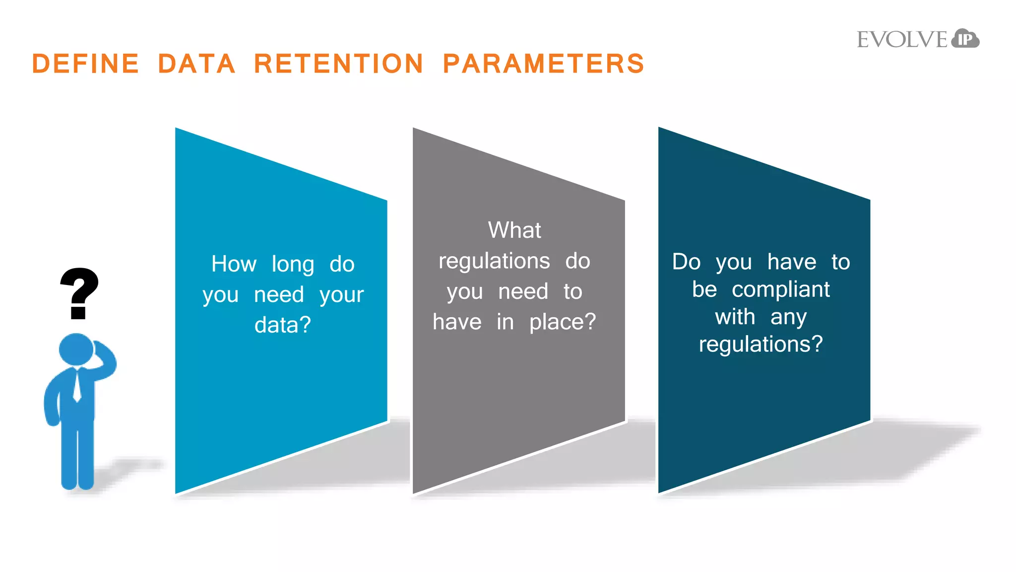 DEFINE DATA RETENTION PARAMETERS
Perform a disaster drill
How long do
you need your
data?
What
regulations do
you need to
have in place?
Do you have to
be compliant
with any
regulations?
?
 