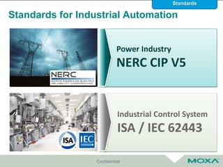 Confidential
Standards for Industrial Automation
Industrial Control System
ISA / IEC 62443
Power Industry
NERC CIP V5
Standards
 