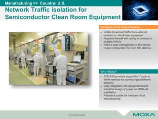 Confidential
Manufacturing >> Country: U.S.
Network Traffic isolation for
Semiconductor Clean Room Equipment
 EDR-810 provided support for 7 ports at
WAN interface for connecting to different
systems
 Easy integration into equipment due to
industrial design of power and DIN-rail
installation
 Reliable & stable for mission critical
manufacturing
Why Moxa?
 Isolate broadcast traffic from external
network to critical laser equipment.
 Required firewall with ability to connect to
multiple WAN’s
 Need a easy management of the secure
router configuration for over 100 stations
Background & Requirements
 