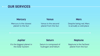 OUR SERVICES
Venus is the second
planet from the Sun
Venus
Mercury is the closest
planet to the Sun
Mercury
Despite being red, Mars
is actually a cold place
Mars
Saturn is composed of
hydrogen and helium
Saturn
It’s the biggest planet in
the Solar System
Jupiter
Neptune is the farthest
planet from the Sun
Neptune
 