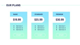 OUR PLANS
START
● Service 1
● Service 2
● Service 3
BASIC
$19.99
START
● Service 1
● Service 2
● Service 3
STANDARD
$25.99
START
● Service 1
● Service 2
● Service 3
PREMIUM
$30.99
 