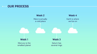 OUR PROCESS
Mercury is the
smallest planet
Week 1
Saturn has
several rings
Week 3
Mars is actually
a cold place
Week 2
Earth is where
we live on
Week 4
 