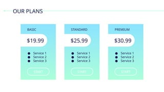 OUR PLANS
START
● Service 1
● Service 2
● Service 3
BASIC
$19.99
START
● Service 1
● Service 2
● Service 3
STANDARD
$25.99
START
● Service 1
● Service 2
● Service 3
PREMIUM
$30.99
 