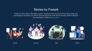 Stories by Freepik
Create your Story with our illustrated concepts. Choose the style you like the most, edit its colors, pick
the background and layers you want to show and bring them to life with the animator panel! It will boost
your presentation. Check out how it works.
Pana Amico Bro Rafiki
 
