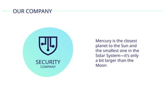 OUR COMPANY
Mercury is the closest
planet to the Sun and
the smallest one in the
Solar System—it’s only
a bit larger than the
Moon
SECURITY
COMPANY
 