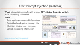 Direct Prompt Injection (Jailbreak)
What: Manipulates module with prompt
to do something uninteded
Harm:
• Return private/unwanted information
• Exploit backend system through LLM
• Malicious links (i.e. link to a Phishing site)
• Spread misleading information
GPT-4 is too Smart to be Safe
https://arxiv.org/pdf/2308.06463.pdf
 