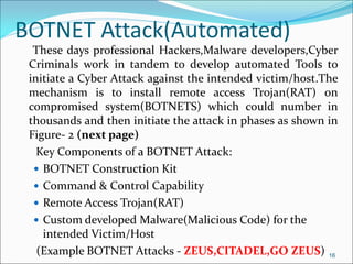 BOTNET Attack(Automated)
These days professional Hackers,Malware developers,Cyber
Criminals work in tandem to develop automated Tools to
initiate a Cyber Attack against the intended victim/host.The
mechanism is to install remote access Trojan(RAT) on
compromised system(BOTNETS) which could number in
thousands and then initiate the attack in phases as shown in
Figure- 2 (next page)
Key Components of a BOTNET Attack:
 BOTNET Construction Kit
 Command & Control Capability
 Remote Access Trojan(RAT)
 Custom developed Malware(Malicious Code) for the
intended Victim/Host
(Example BOTNET Attacks - ZEUS,CITADEL,GO ZEUS) 16
 
