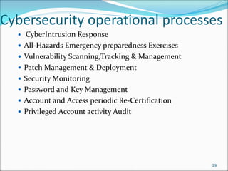 Cybersecurity operational processes
 CyberIntrusion Response
 All-Hazards Emergency preparedness Exercises
 Vulnerability Scanning,Tracking & Management
 Patch Management & Deployment
 Security Monitoring
 Password and Key Management
 Account and Access periodic Re-Certification
 Privileged Account activity Audit
29
 