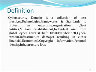 Definition
Cybersecurity Domain is a collection of best
practices,Technologies,Frameworks & Standards to
protect an enterprise,organization ,Govt
entities,Military establishment,Individual user from
global cyber threats(Theft Identity,Cybertheft,Cyber-
ransom,Infrastructure damage) resulting in either
Financial,Economical,Copyright Information,Personal
identity,Infrastructure loss.
3
 