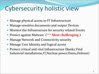 Cybersecurity holistic view
 Manage physical access to IT Infrastructure
 Manage sensitive documents and output Devices
 Monitor the Infrastructure for security related Events
 Protect against Malware (*** Most challenging )
 Manage Network and Connectivity security
 Manage User Identity and logical access
 Protect critical and vital Infrastructure (Banks,Vital
Industrial installations,IT,Nuclear power,Dams,Defense)
5
 