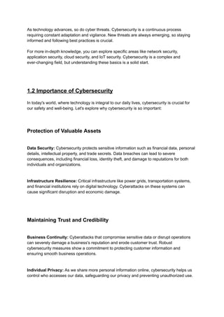 As technology advances, so do cyber threats. Cybersecurity is a continuous process
requiring constant adaptation and vigilance. New threats are always emerging, so staying
informed and following best practices is crucial.
For more in-depth knowledge, you can explore specific areas like network security,
application security, cloud security, and IoT security. Cybersecurity is a complex and
ever-changing field, but understanding these basics is a solid start.
1.2 Importance of Cybersecurity
In today's world, where technology is integral to our daily lives, cybersecurity is crucial for
our safety and well-being. Let's explore why cybersecurity is so important:
Protection of Valuable Assets
Data Security: Cybersecurity protects sensitive information such as financial data, personal
details, intellectual property, and trade secrets. Data breaches can lead to severe
consequences, including financial loss, identity theft, and damage to reputations for both
individuals and organizations.
Infrastructure Resilience: Critical infrastructure like power grids, transportation systems,
and financial institutions rely on digital technology. Cyberattacks on these systems can
cause significant disruption and economic damage.
Maintaining Trust and Credibility
Business Continuity: Cyberattacks that compromise sensitive data or disrupt operations
can severely damage a business's reputation and erode customer trust. Robust
cybersecurity measures show a commitment to protecting customer information and
ensuring smooth business operations.
Individual Privacy: As we share more personal information online, cybersecurity helps us
control who accesses our data, safeguarding our privacy and preventing unauthorized use.
 