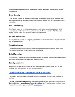 After building strong fundamentals, learners can explore specialized and advanced areas of
cybersecurity.
Cloud Security
Cloud security focuses on protecting cloud-based infrastructure, applications, identities, and
data. Learners need to understand cloud responsibilities, access controls, configurations, and
monitoring.
Zero Trust Security
Zero Trust is based on the principle that access should not be automatically trusted simply
because a user or device is inside a particular network. Access decisions should consider
identity, context, policy, and other relevant security information.
Security Architecture
Security architecture involves designing systems and environments with security requirements
built into their structure.
Threat Intelligence
Threat intelligence involves collecting and analyzing information about threats, threat actors,
indicators, and trends to support security decision-making.
Digital Forensics
Digital forensics involves examining digital evidence to understand events, investigate incidents,
and support appropriate organizational or legal processes.
Security Automation
Automation can help security teams perform repetitive tasks more efficiently, such as alert
handling, data collection, and certain response activities.
Cybersecurity Frameworks and Standards
Frameworks help organizations organize security activities and communicate cybersecurity
priorities.
The NIST Cybersecurity Framework 2.0 organizes cybersecurity outcomes into six Functions:
Govern, Identify, Protect, Detect, Respond, and Recover. These Functions provide a broad
structure for managing cybersecurity risk. (csrc.nist.gov)
 