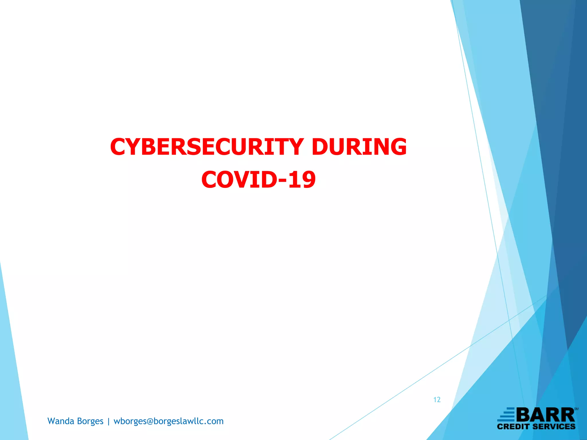 Wanda Borges | wborges@borgeslawllc.com
CYBERSECURITY DURING
COVID-19
12
 