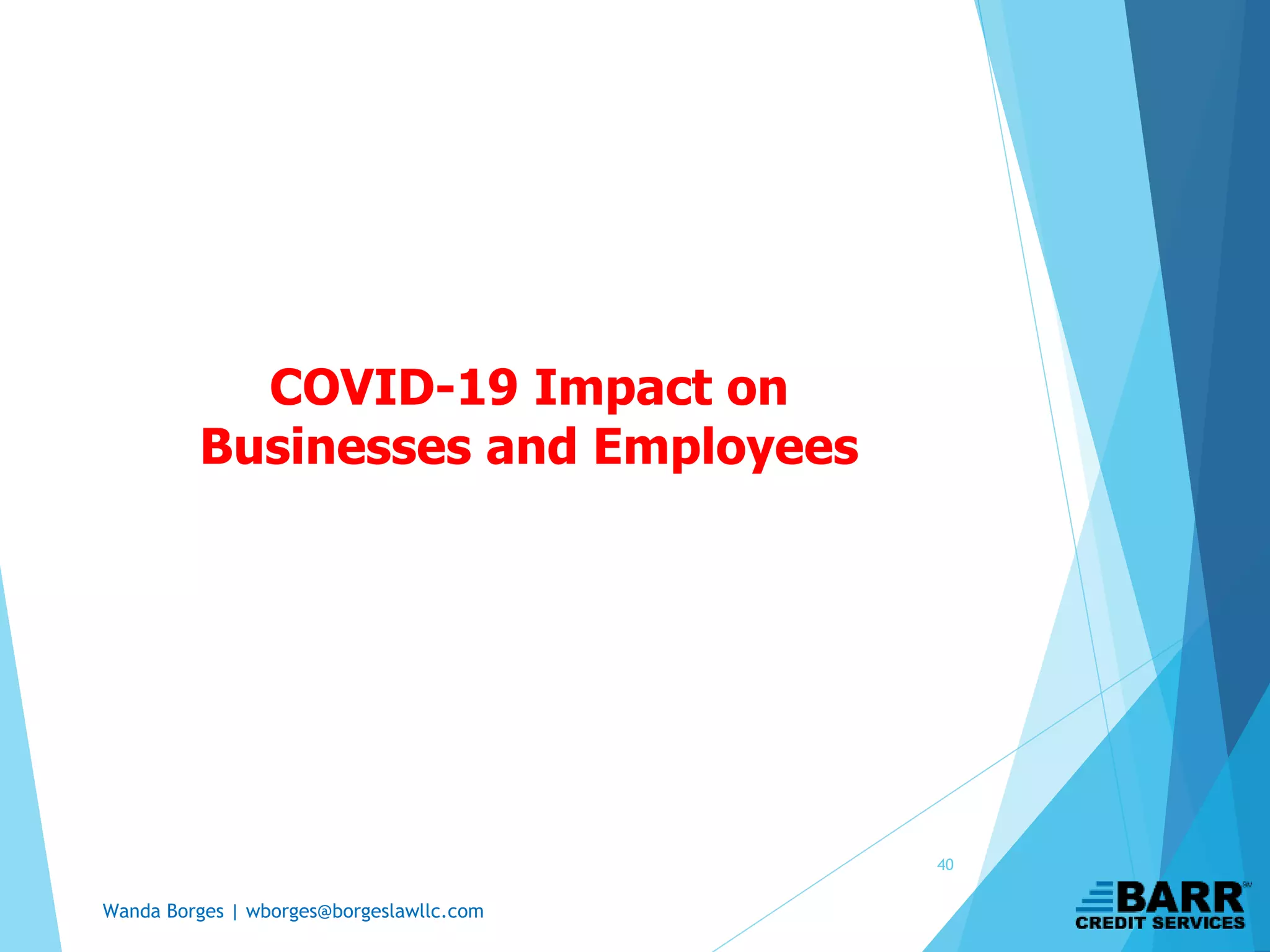 Wanda Borges | wborges@borgeslawllc.com
40
COVID-19 Impact on
Businesses and Employees
 