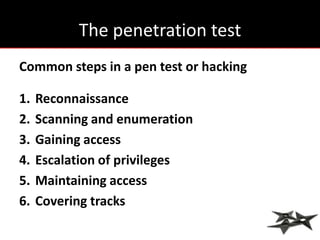 The penetration test
Common steps in a pen test or hacking

1.   Reconnaissance
2.   Scanning and enumeration
3.   Gaining access
4.   Escalation of privileges
5.   Maintaining access
6.   Covering tracks
 