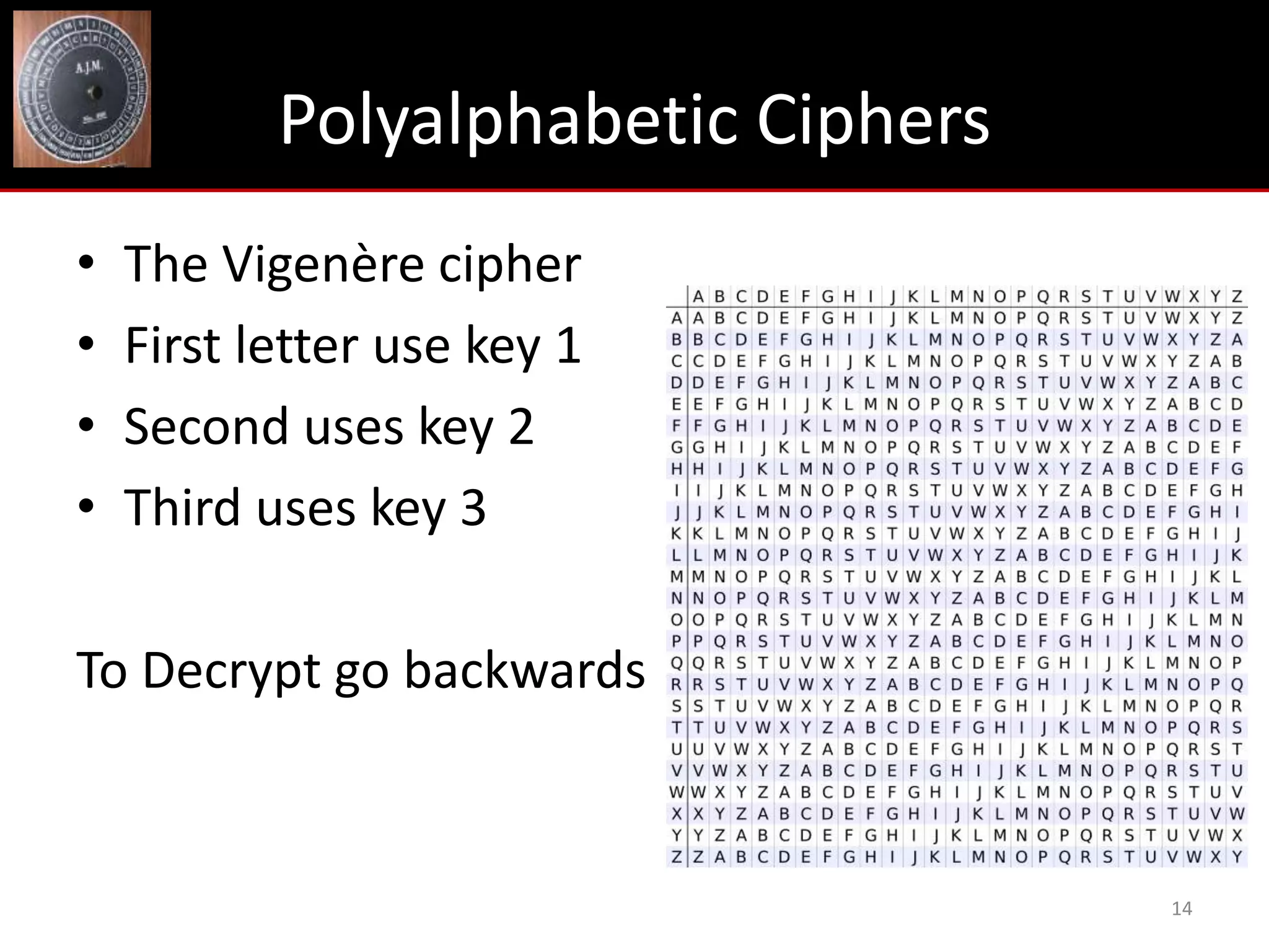 Polyalphabetic Ciphers
•   The Vigenère cipher
•   First letter use key 1
•   Second uses key 2
•   Third uses key 3

To Decrypt go backwards



                                    14
 