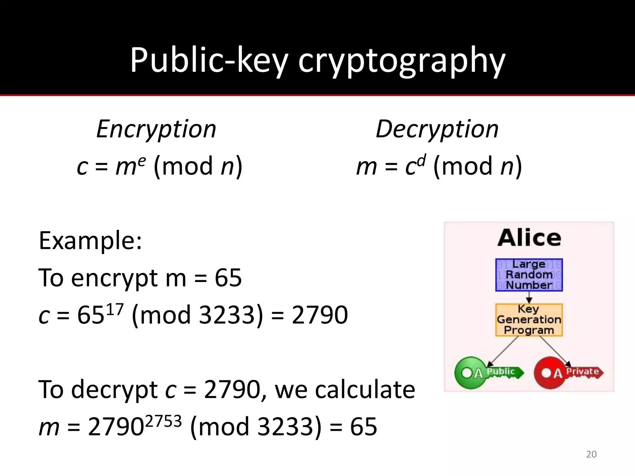 Public-key cryptography
     Encryption               Decryption
   c = me (mod n)            m = cd (mod n)

Example:
To encrypt m = 65
c = 6517 (mod 3233) = 2790

To decrypt c = 2790, we calculate
m = 27902753 (mod 3233) = 65
                                              20
 