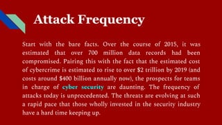 Attack Frequency
Start with the bare facts. Over the course of 2015, it was
estimated that over 700 million data records had been
compromised. Pairing this with the fact that the estimated cost
of cybercrime is estimated to rise to over $2 trillion by 2019 (and
costs around $400 billion annually now), the prospects for teams
in charge of cyber security are daunting. The frequency of
attacks today is unprecedented. The threats are evolving at such
a rapid pace that those wholly invested in the security industry
have a hard time keeping up.
 