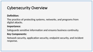 Cybersecurity Overview
Definition:
The practice of protecting systems, networks, and programs from
digital attacks.
Importance:
Safeguards sensitive information and ensures business continuity.
Key Components:
Network security, application security, endpoint security, and incident
response.
 
