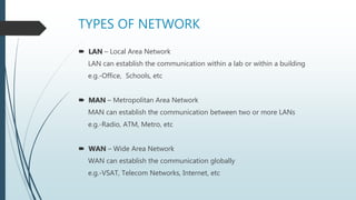IP TYPES
 Internal IP - Whenever a computer connects itself with an Internal
Network (LAN) , it gets an Internal IP. This...