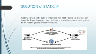 SOLUTION of STATIC IP
Website’s IP are static but our IP address may not be static. So, a hacker can
make the Trojan to co...