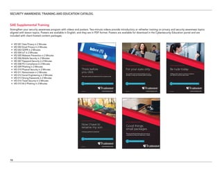 SECURITY AWARENESS, TRAINING AND EDUCATION CATALOG
10
SAE Supplemental Training
Strengthen your security awareness program with videos and posters. Two-minute videos provide introductory or refresher training on privacy and security awareness topics
aligned with lesson topics. Posters are available in English, and they are in PDF format. Posters are available for download in the Cybersecurity Education portal and are
included with client-hosted content packages.
•	 VID 001 Data Privacy in 2 Minutes
•	 VID 002 Email Privacy in 2 Minutes
•	 VID 003 GDPR in 2 Minutes
•	 VID 004 IoT in 2 Minutes
•	 VID 005 Malware Prevention in 2 Minutes
•	 VID 006 Mobile Security in 2 Minutes
•	 VID 007 Password Security in 2 Minutes
•	 VID 008 PCI Compliance in 2 Minutes
•	 VID 009 Phishing in 2 Minutes
•	 VID 010 Physical Security in 2 Minutes
•	 VID 011 Ransomware in 2 Minutes
•	 VID 012 Social Engineering in 2 Minutes
•	 VID 013 Strong Passwords in 2 Minutes
•	 VID 014 Travel Security in 2 Minutes
•	 VID 015 W-2 Phishing in 2 Minutes
 