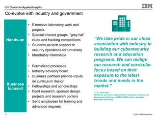 © 2013 IBM Corporation
Co-evolve with industry and government
Hands-on
• Extensive laboratory work and
projects
• Special interest groups, “grey hat”
clubs and hacking competitions
• Students as tech support or
security operations for university
• Mandatory internships
Business
focused
• Formalized processes
• Industry advisory board
• Business partners provide inputs
on curriculum design
• Fellowships and scholarships
• Fund research, sponsor design
projects and research centers
• Send employees for training and
advanced degrees
12
“We take pride in our close
association with industry in
building our cybersecurity
research and education
programs. We can realign
our research and curricular
focus based on their
exposure to the latest
trends and needs in the
market.”
— Dr. Suku Nair
Professor and Chair, Department of Computer Science and
Engineering, Director of SMU HACNet Labs, Southern
Methodist University
 