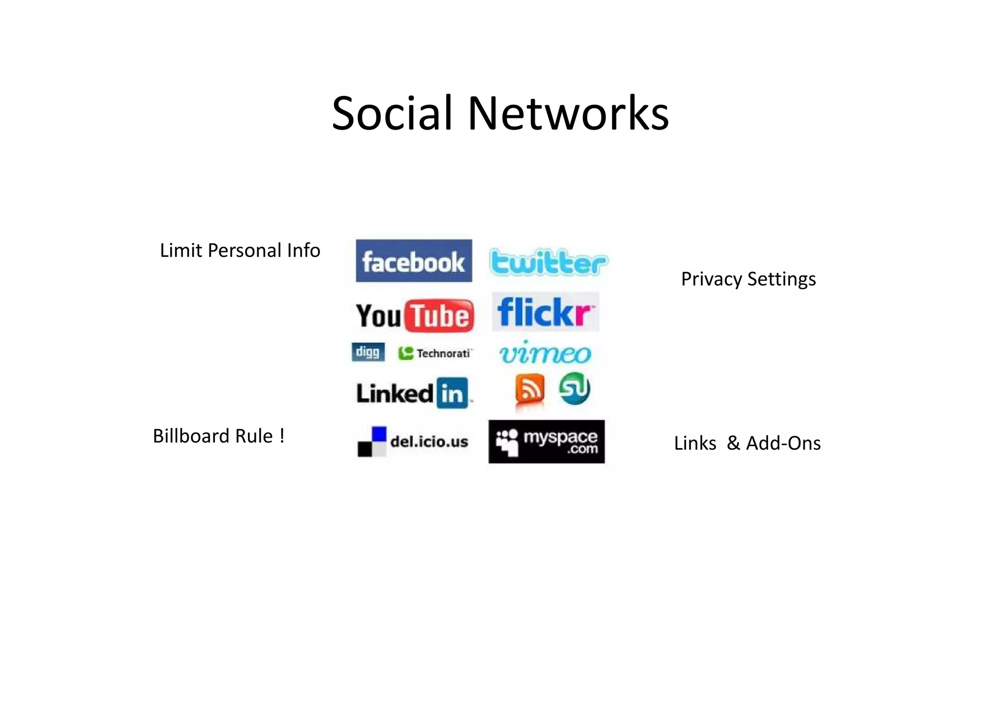 Social Networks

Limit Personal Info
                                        Privacy Settings




Billboard Rule !                        Links & Add-Ons
 