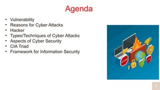 2
Agenda
• Vulnerability
• Reasons for Cyber Attacks
• Hacker
• Types/Techniques of Cyber Attacks
• Aspects of Cyber Security
• CIA Triad
• Framework for Information Security
 