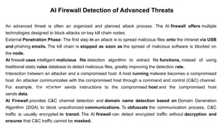 An advanced threat is often an organized and planned attack process. The AI ​
​
firewall offers multiple
technologies designed to block attacks on key kill chain nodes:
External Penetration Phase: The first step in an attack is to spread malicious files onto the intranet via USB
and phishing emails. The kill chain is stopped as soon as the spread of malicious software is blocked on
the node.
AI firewall uses intelligent malicious file detection algorithm to extract file functions, instead of using
traditional static rules database to detect malicious files, greatly improving the detection rate.
Interaction between an attacker and a compromised host: A host running malware becomes a compromised
host. An attacker communicates with the compromised host through a command and control (C&C) channel.
For example, the attacker sends instructions to the compromised host and the compromised host
sends data.
AI Firewall provides C&C channel detection and domain name detection based on Domain Generation
Algorithm (DGA) to block unauthorized communications. To obfuscate the communication process, C&C
traffic is usually encrypted in transit. The AI ​
​
firewall can detect encrypted traffic without decryption and
ensures that C&C traffic cannot be masked.– For drafting security policies
Zwicky
– BugTraq
AI Firewall Detection of Advanced Threats
 