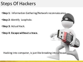 Steps Of Hackers
•Step 1: Information Gathering/Network reconnaissance.
•Step 2: Identify Loophole.
•Step 3: Actual Hack.
•Step 4: Escape without a trace.
Hacking into computer, is just like breaking into a house
 