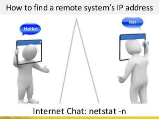 How to find a remote system’s IP address
Internet Chat: netstat -n
 