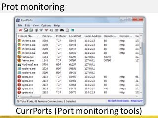 Prot monitoring
CurrPorts (Port monitoring tools)
 