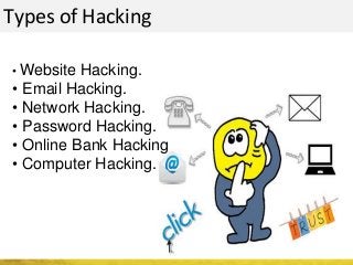 Types of Hacking
• Website Hacking.
• Email Hacking.
• Network Hacking.
• Password Hacking.
• Online Bank Hacking
• Computer Hacking.
 
