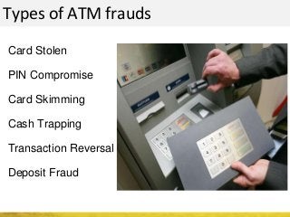 Types of ATM frauds
Card Stolen
PIN Compromise
Card Skimming
Cash Trapping
Transaction Reversal
Deposit Fraud
 