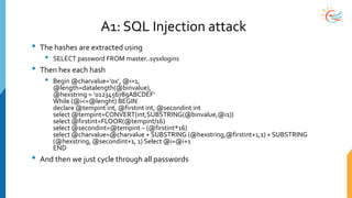 A1: SQL Injection attack
• The hashes are extracted using
• SELECT password FROM master..sysxlogins
• Then hex each hash
•...