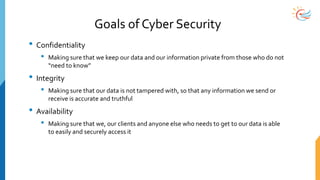 Goals of Cyber Security
• Confidentiality
• Making sure that we keep our data and our information private from those who do not
“need to know”
• Integrity
• Making sure that our data is not tampered with, so that any information we send or
receive is accurate and truthful
• Availability
• Making sure that we, our clients and anyone else who needs to get to our data is able
to easily and securely access it
 
