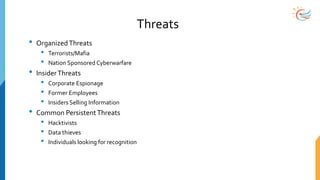 Threats
• OrganizedThreats
• Terrorists/Mafia
• Nation Sponsored Cyberwarfare
• InsiderThreats
• Corporate Espionage
• Former Employees
• Insiders Selling Information
• Common PersistentThreats
• Hacktivists
• Data thieves
• Individuals looking for recognition
 