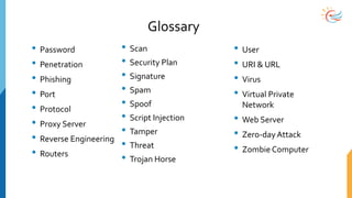 Glossary
• Password
• Penetration
• Phishing
• Port
• Protocol
• Proxy Server
• Reverse Engineering
• Routers
• Scan
• Security Plan
• Signature
• Spam
• Spoof
• Script Injection
• Tamper
• Threat
• Trojan Horse
• User
• URI & URL
• Virus
• Virtual Private
Network
• Web Server
• Zero-dayAttack
• Zombie Computer
 