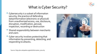 What is Cyber Security?
• Cybersecurity is a subset of information
security; the practice of defending
data/information (electronic or physical)
from unauthorized access, use, disclosure,
disruption, modification, perusal,
inspection, recording or destruction
• Shared responsibility between merchants
and users
• Cyber security involves protecting that
information by preventing, detecting, and
responding to attacks.
Source: https://en.wikipedia.org/wiki/Information_security
 