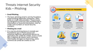 Threats Internet Security
Kids – Phishing
• Email Phishing
• The basic phishing email is sent by fraudsters
impersonating legitimate companies, often
banks or credit card providers. These emails
are designed to trick you into providing log-in
information or financial information, such as
credit card numbers or Social Security
numbers.
• Phishing de e-mail
• O e-mail de phishing básico é enviado por
fraudadores que se fazem passar por
empresas legítimas, geralmente bancos ou
operadoras de cartão de crédito. Esses e-mails
têm o objetivo de induzir você a fornecer
informações de login ou financeiras, como
números de cartão de crédito ou CPF.
 