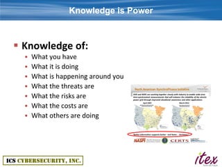 Knowledge is Power



 Knowledge of:
  •   What you have
  •   What it is doing
  •   What is happening around you
  •   What the threats are
  •   What the risks are
  •   What the costs are
  •   What others are doing
 