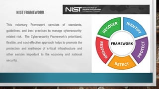 NIST FRAMEWORK
This voluntary Framework consists of standards,
guidelines, and best practices to manage cybersecurity-
related risk. The Cybersecurity Framework’s prioritized,
flexible, and cost-effective approach helps to promote the
protection and resilience of critical infrastructure and
other sectors important to the economy and national
security.
 