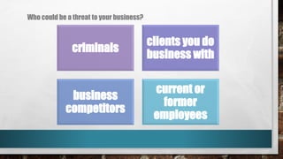 Who could be a threat to your business?
criminals
clients you do
business with
business
competitors
current or
former
employees
 