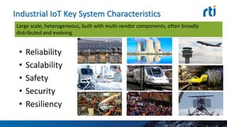 Industrial IoT Key System Characteristics
• Reliability
• Scalability
• Safety
• Security
• Resiliency
Large scale, heterogeneous, built with multi-vendor components, often broadly
distributed and evolving
 
