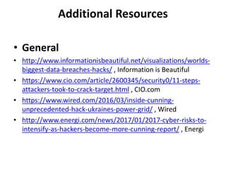 Additional Resources
• General
• http://www.informationisbeautiful.net/visualizations/worlds-
biggest-data-breaches-hacks/ , Information is Beautiful
• https://www.cio.com/article/2600345/security0/11-steps-
attackers-took-to-crack-target.html , CIO.com
• https://www.wired.com/2016/03/inside-cunning-
unprecedented-hack-ukraines-power-grid/ , Wired
• http://www.energi.com/news/2017/01/2017-cyber-risks-to-
intensify-as-hackers-become-more-cunning-report/ , Energi
 