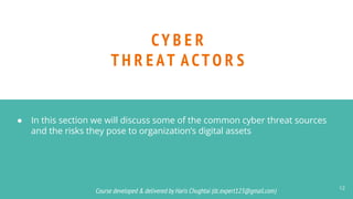 Course developed & delivered by Haris Chughtai (dc.expert123@gmail.com)
Course developed & delivered by Haris Chughtai (dc.expert123@gmail.com)
CY B E R
T H R E AT A CT O R S
12
● In this section we will discuss some of the common cyber threat sources
and the risks they pose to organization’s digital assets
 