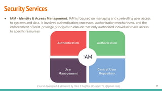 Course developed & delivered by Haris Chughtai (dc.expert123@gmail.com)
Security Services
● IAM - Identity & Access Management: IAM is focused on managing and controlling user access
to systems and data. It involves authentication processes, authorization mechanisms, and the
enforcement of least privilege principles to ensure that only authorized individuals have access
to speciﬁc resources.
31
 