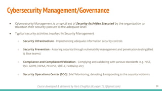 Course developed & delivered by Haris Chughtai (dc.expert123@gmail.com)
Cybersecurity Management/Governance
● Cybersecurity Management is a typical set of Security Activities Executed by the organization to
maintain their security posture to the adequate level
● Typical security activities involved in Security Management
○ Security Infrastructure - Implementing adequate information security controls
○ Security Prevention - Assuring security through vulnerability management and penetration testing (Red
& Blue teams)
○ Compliance and Compliance/Validation - Complying and validating with various standards (e.g. NIST,
ISO, GDPR, HIPAA, PCI-DSS, SOC-2, FedRamp etc)
○ Security Operations Center (SOC): 24x7 Monitoring, detecting & responding to the security incidents
34
 